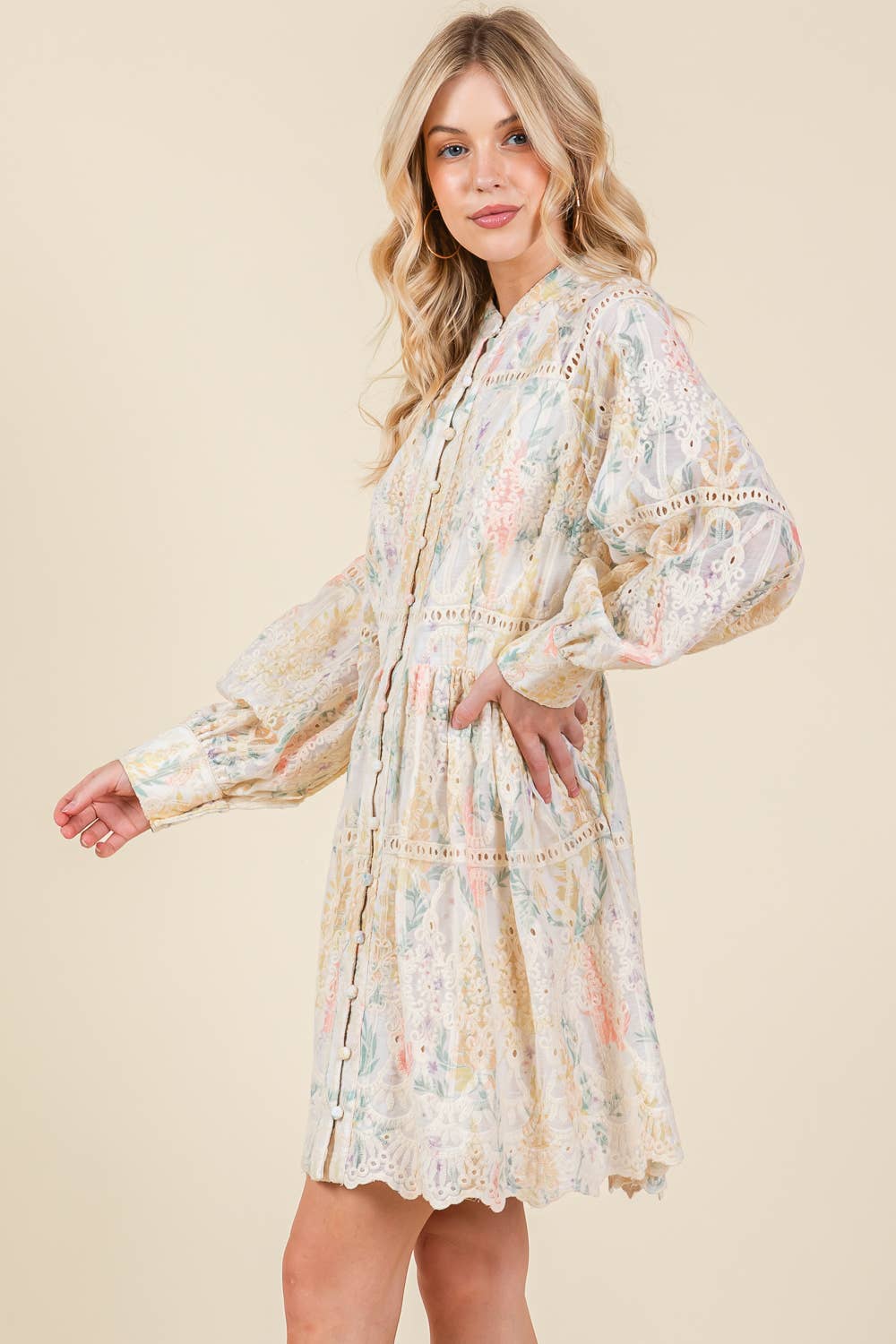 Floral Creme Long Sleeved Mini Shirt Dress - Purpose + Passion Boutique