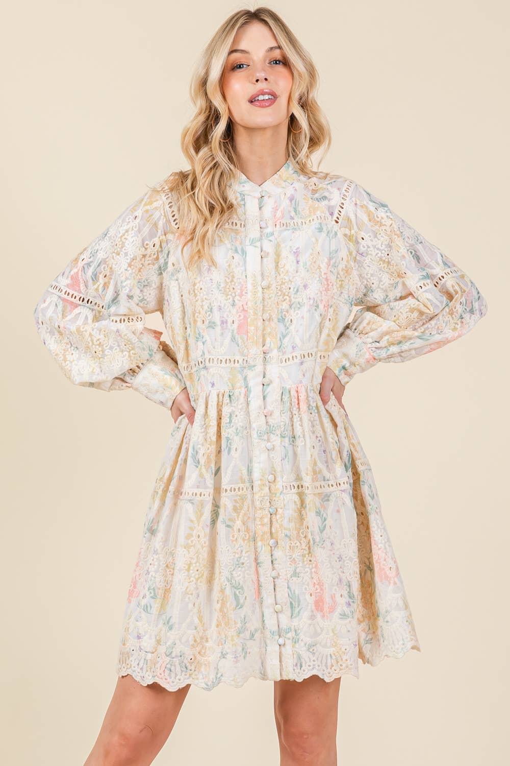 Floral Creme Long Sleeved Mini Shirt Dress - Purpose + Passion Boutique