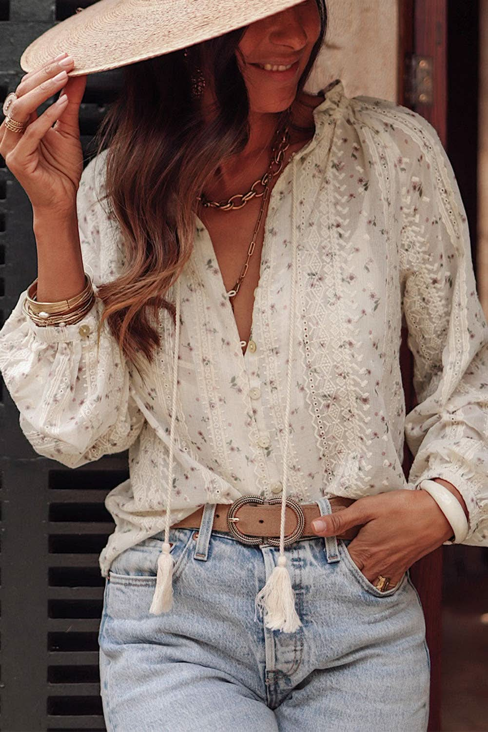 Floral Embroidered Bubble Sleeve Shirt - Purpose + Passion Boutique