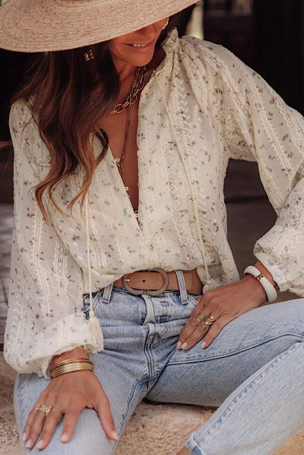 Floral Embroidered Bubble Sleeve Shirt - Purpose + Passion Boutique