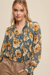 Floral Green Chiffon Poet Blouse - Purpose + Passion Boutique