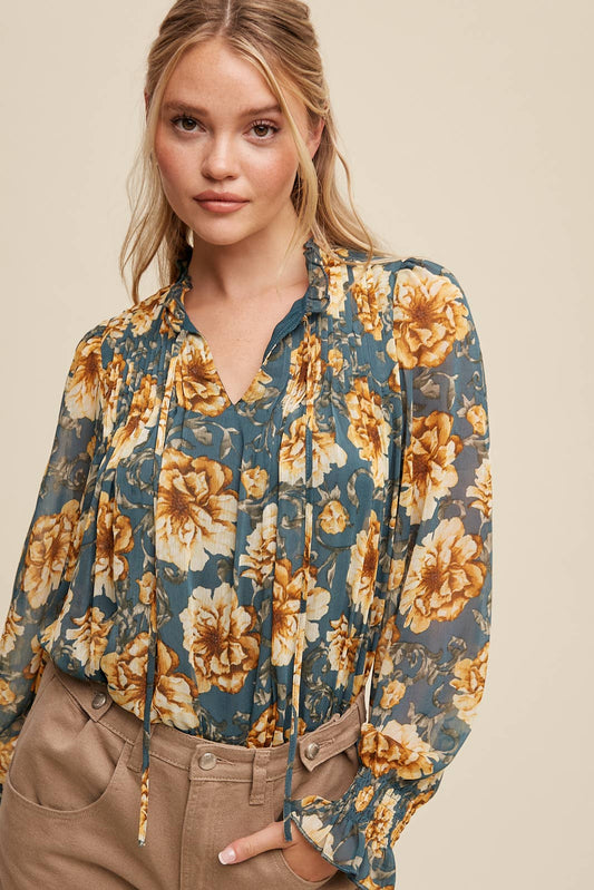 Floral Green Chiffon Poet Blouse - Purpose + Passion Boutique