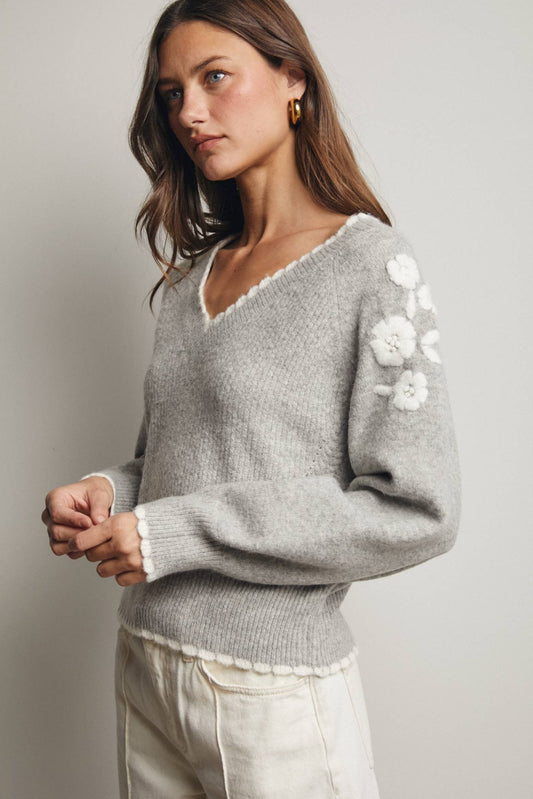 Floral Heather Grey V - Neck Sweater - Purpose + Passion Boutique