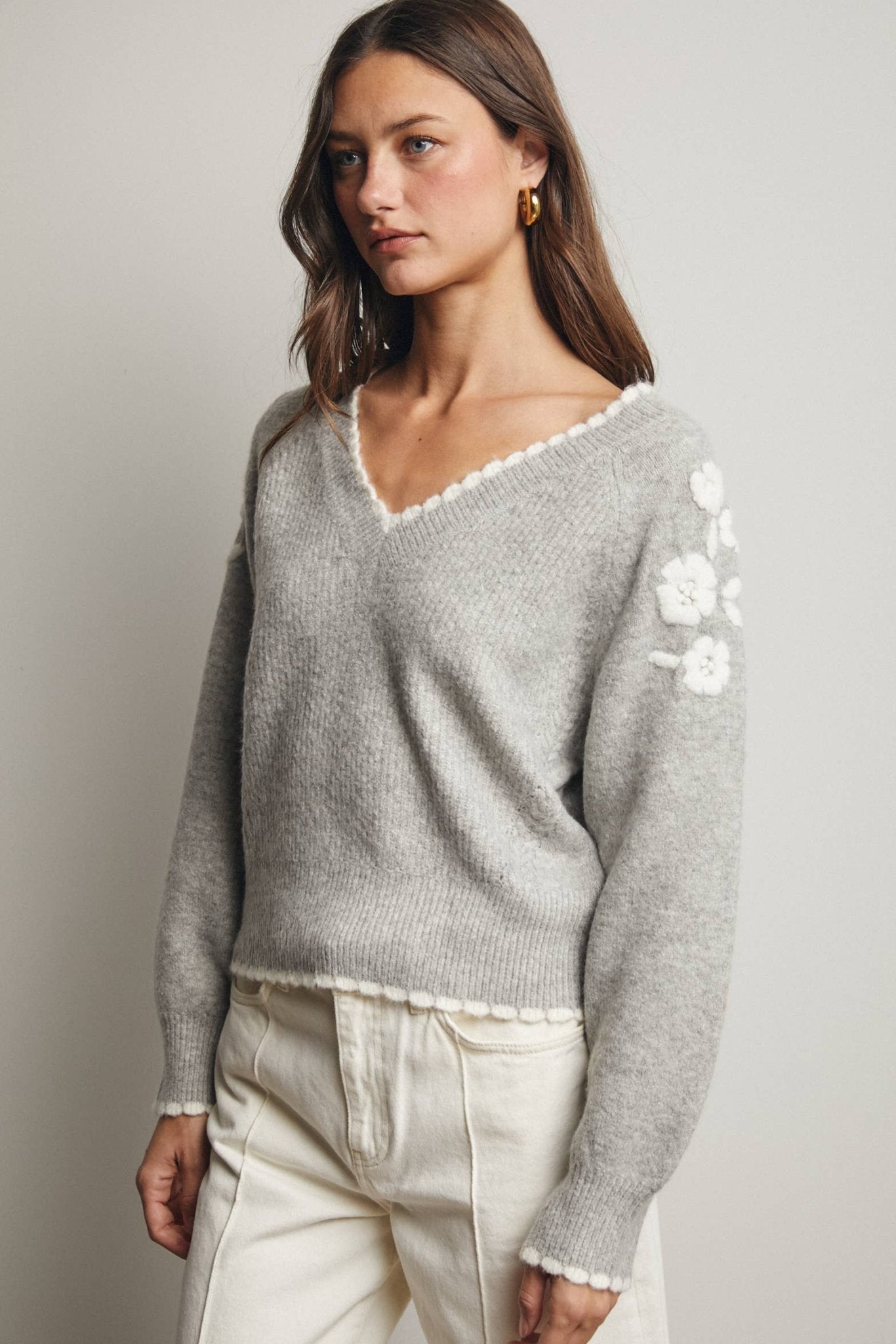 Floral Heather Grey V - Neck Sweater - Purpose + Passion Boutique
