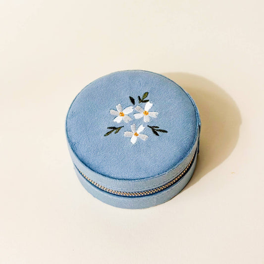 Floral Misty Blue Round Velvet Jewelry Case - Purpose + Passion Boutique