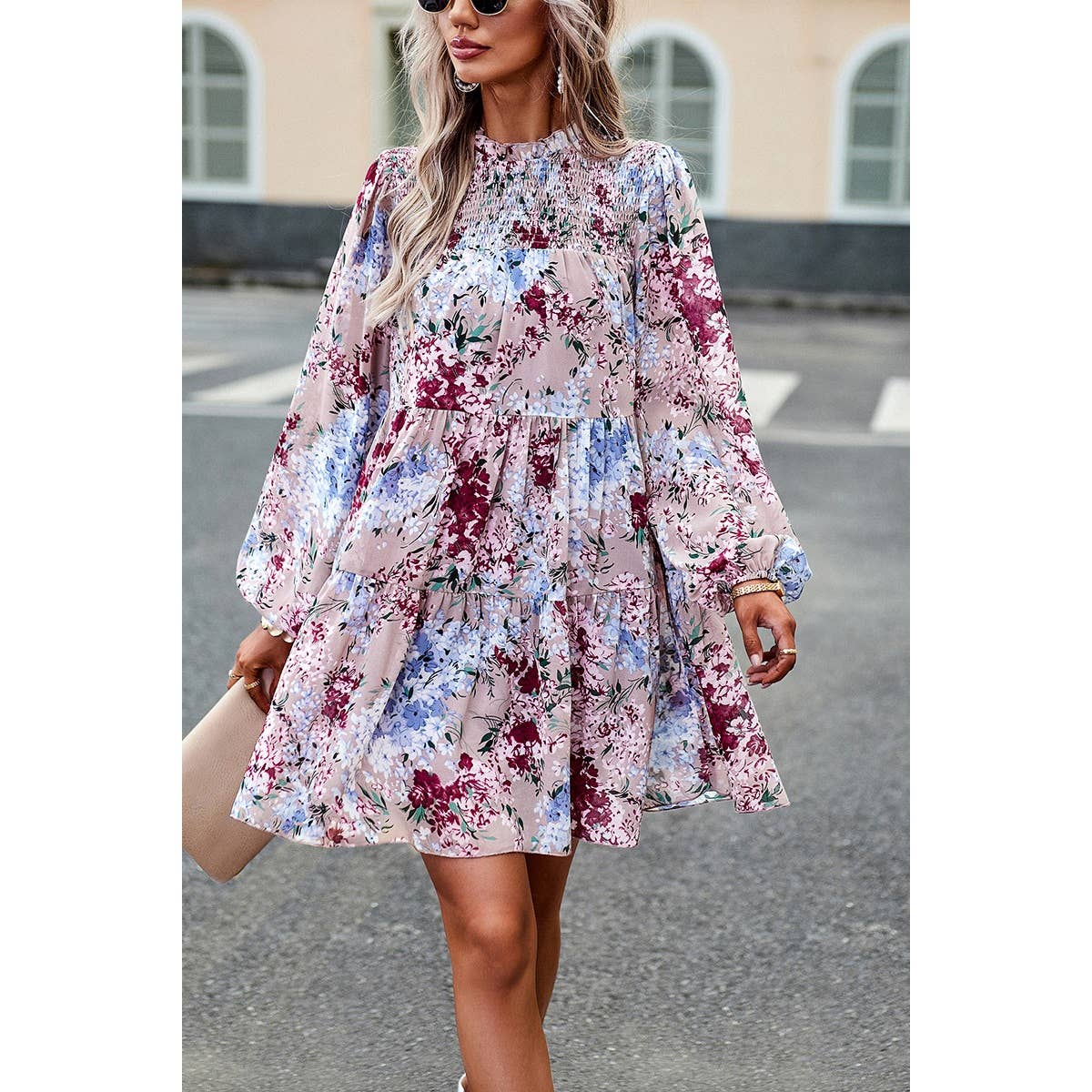 Floral Pink Tiered Sleeve Ruffle Hem Smock Dress - Purpose + Passion Boutique
