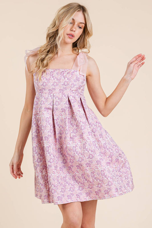 Floral Pink/Purple Jacquard Babydoll Mini Sundress - Purpose + Passion Boutique