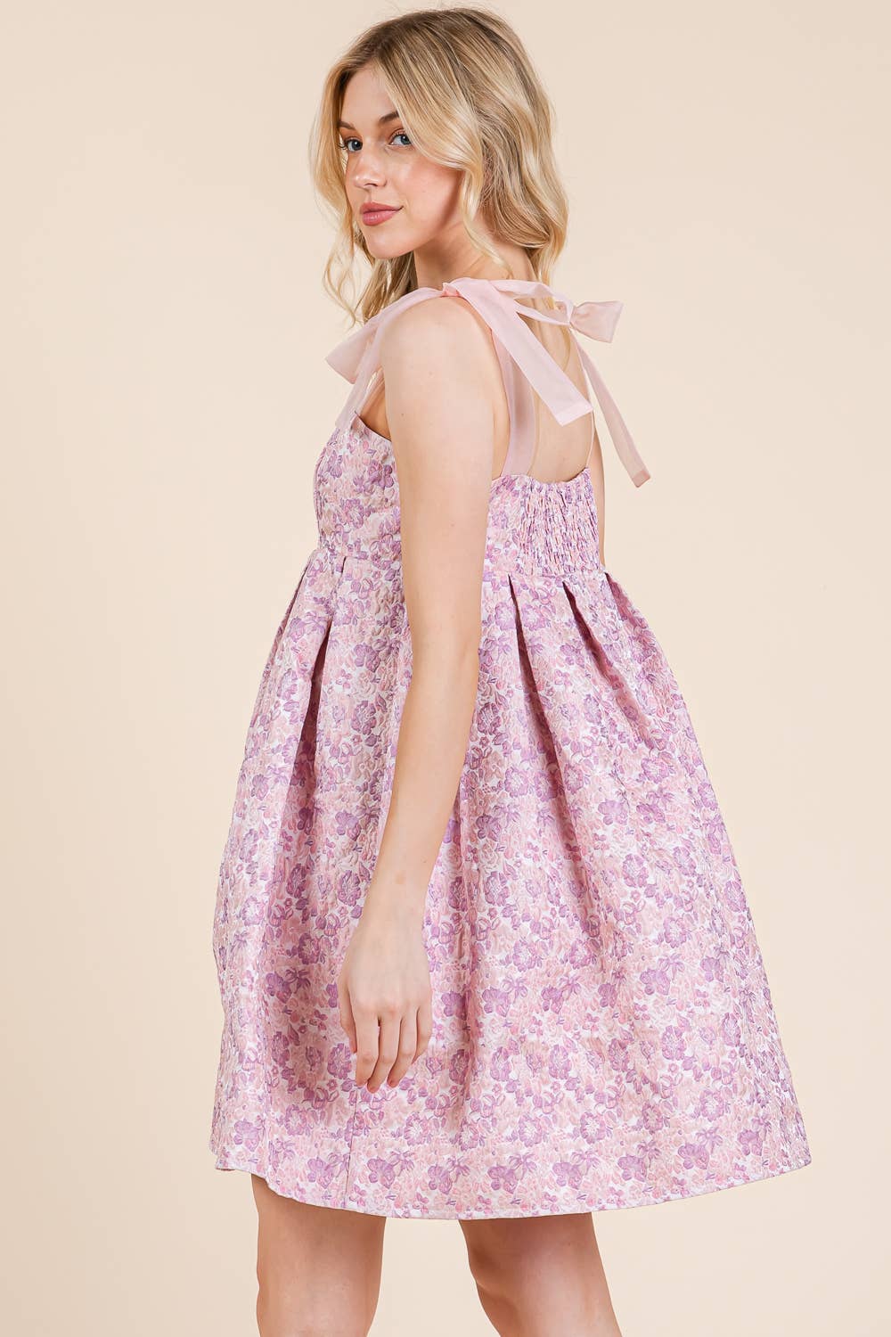 Floral Pink/Purple Jacquard Babydoll Mini Sundress - Purpose + Passion Boutique