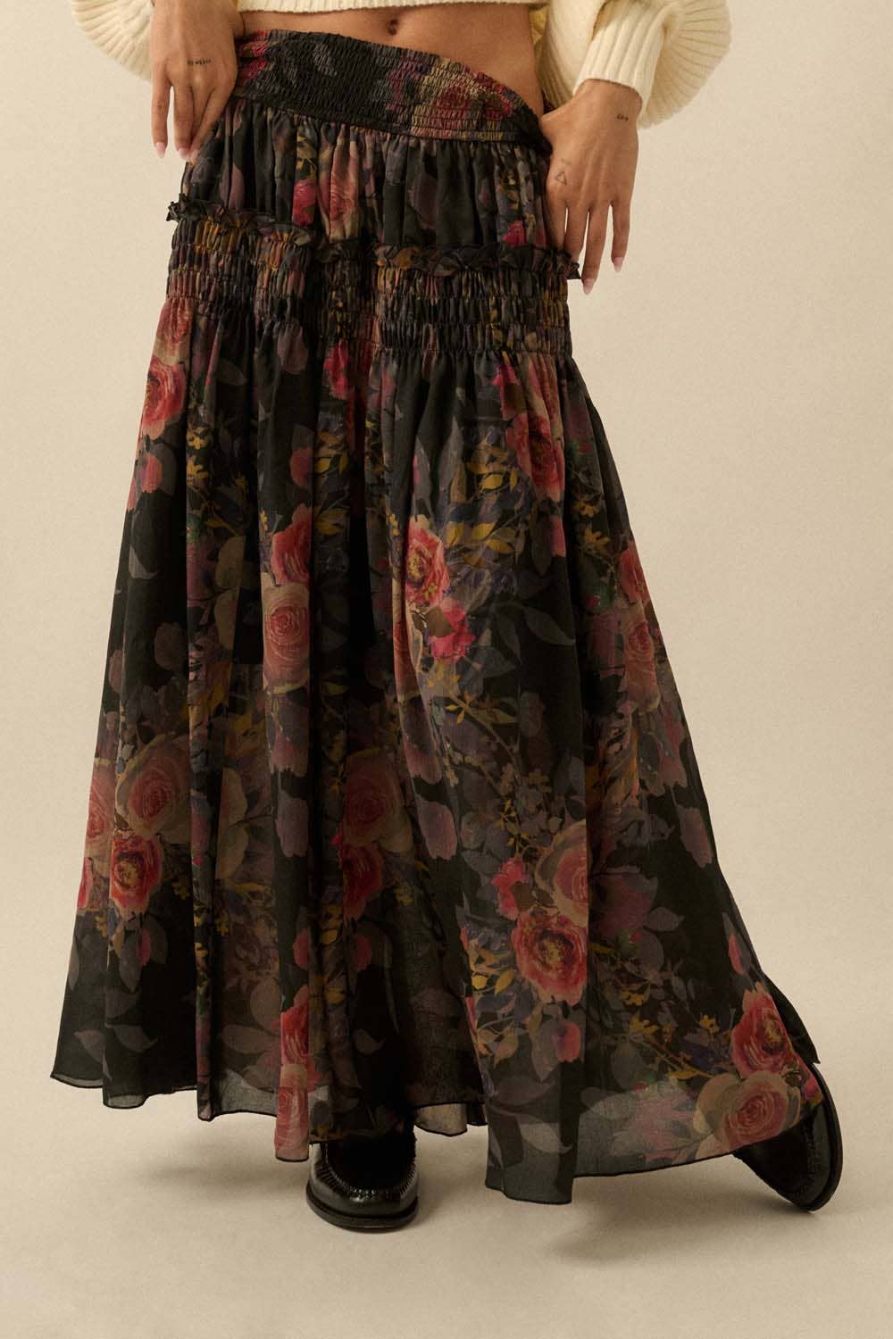 Floral - Print Smocked Drop - Waist Ruffle Maxi Skirt - Purpose + Passion Boutique