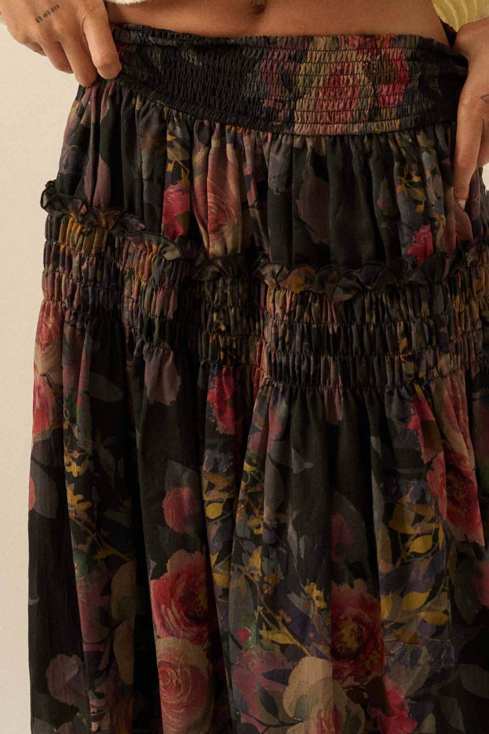 Floral - Print Smocked Drop - Waist Ruffle Maxi Skirt - Purpose + Passion Boutique