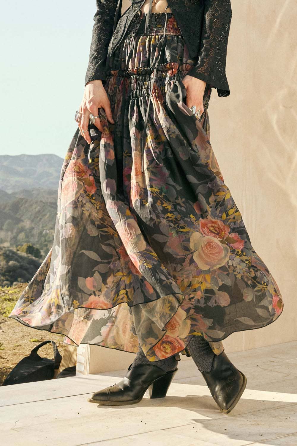 Floral - Print Smocked Drop - Waist Ruffle Maxi Skirt - Purpose + Passion Boutique