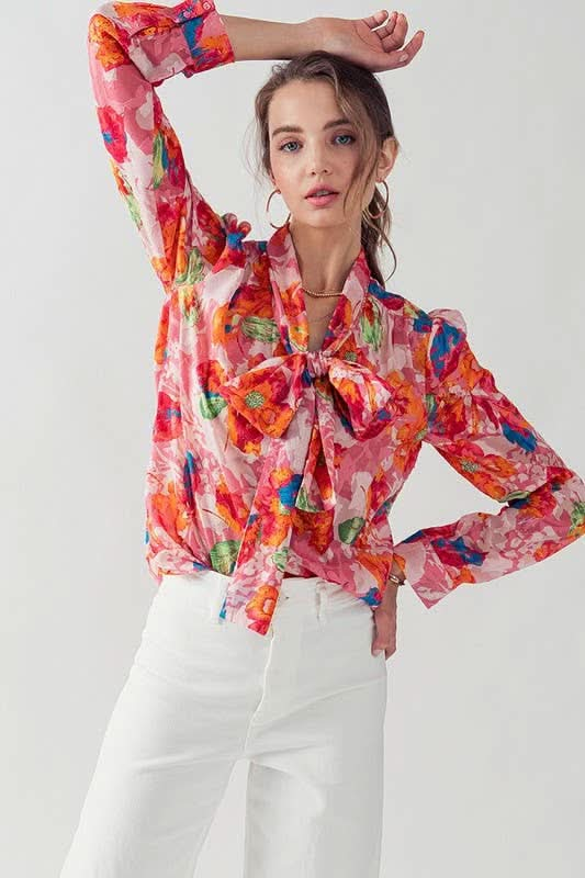 Floral Print Tie Neck Blouse - Purpose + Passion Boutique