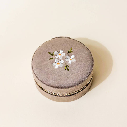 Floral Tan Round Velvet Jewelry Case - Purpose + Passion Boutique