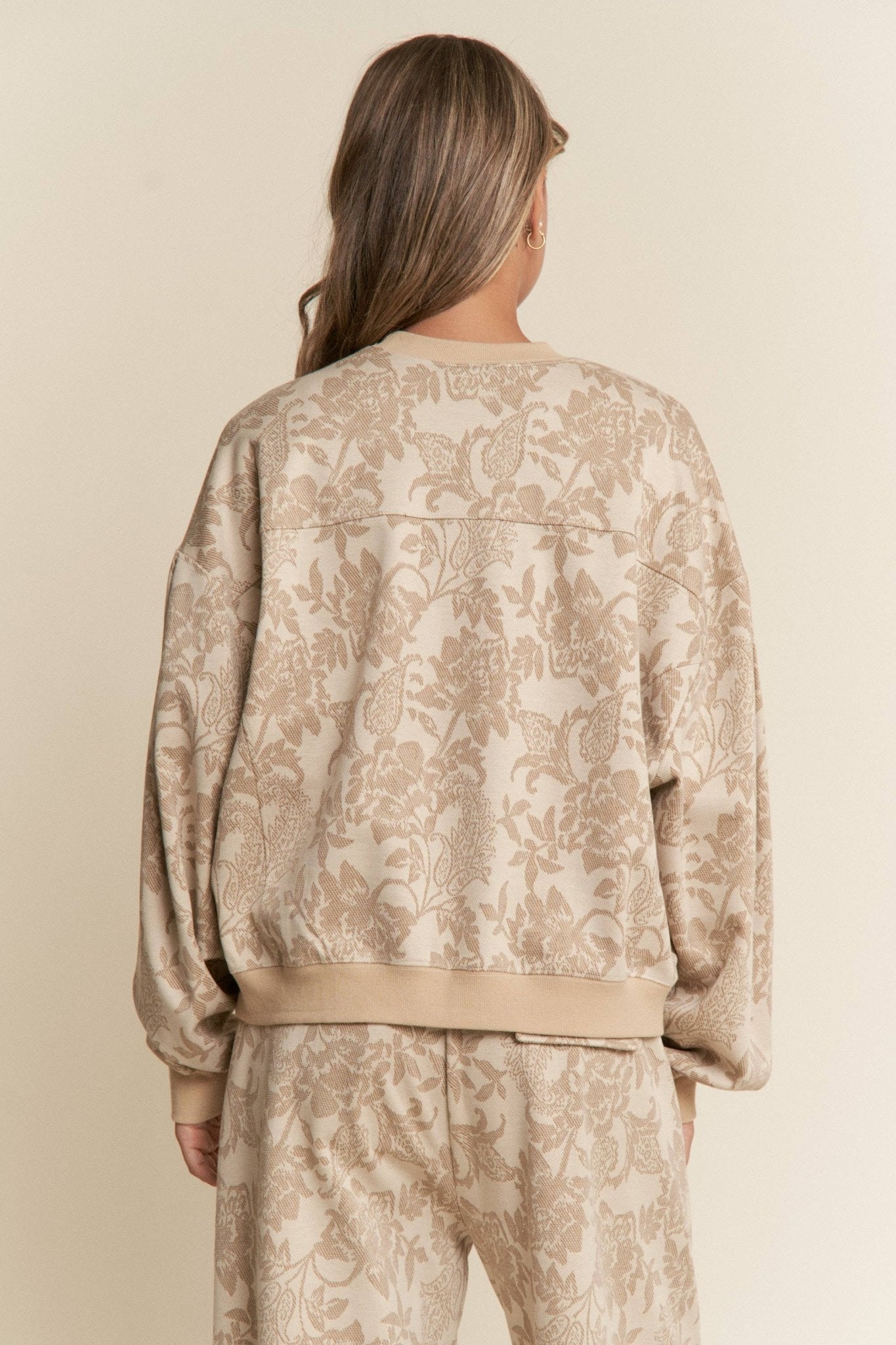 Floral Taupe Drop Shoulder Long Sleeve Sweater - Purpose + Passion Boutique