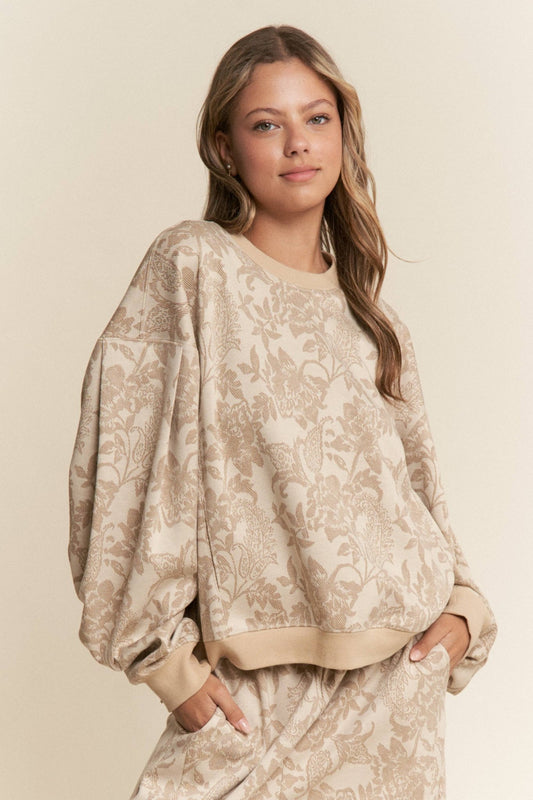 Floral Taupe Drop Shoulder Long Sleeve Sweater - Purpose + Passion Boutique