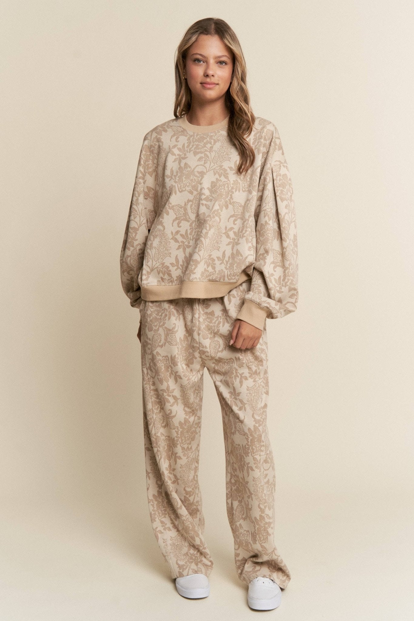 Floral Taupe Drop Shoulder Long Sleeve Sweater - Purpose + Passion Boutique