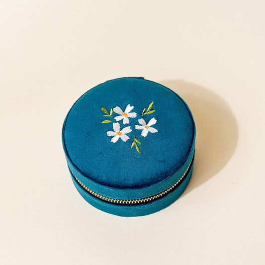 Floral Teal Round Velvet Jewelry Case - Purpose + Passion Boutique