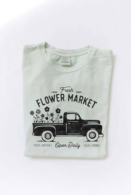 'FRESH FLOWER MARKET' Sage Mineral Washed Graphic Top - Purpose + Passion Boutique
