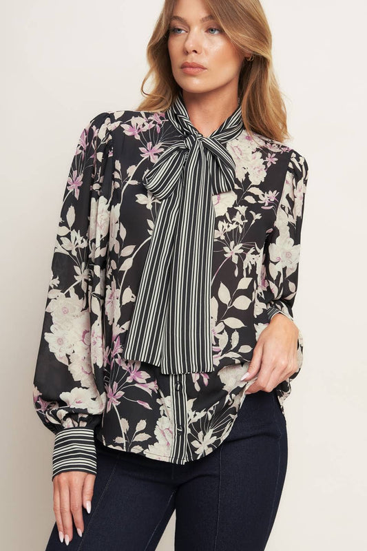 Front Bow Tie Long Sleeve Blouse - Purpose + Passion Boutique