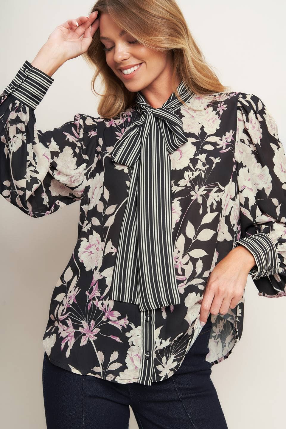 Front Bow Tie Long Sleeve Blouse - Purpose + Passion Boutique