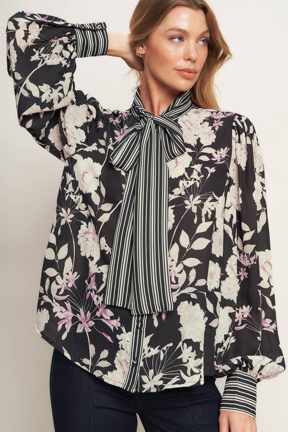 Front Bow Tie Long Sleeve Blouse - Purpose + Passion Boutique