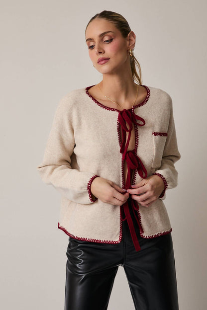 Front Tie Cream Burgundy Sweater - Purpose + Passion Boutique