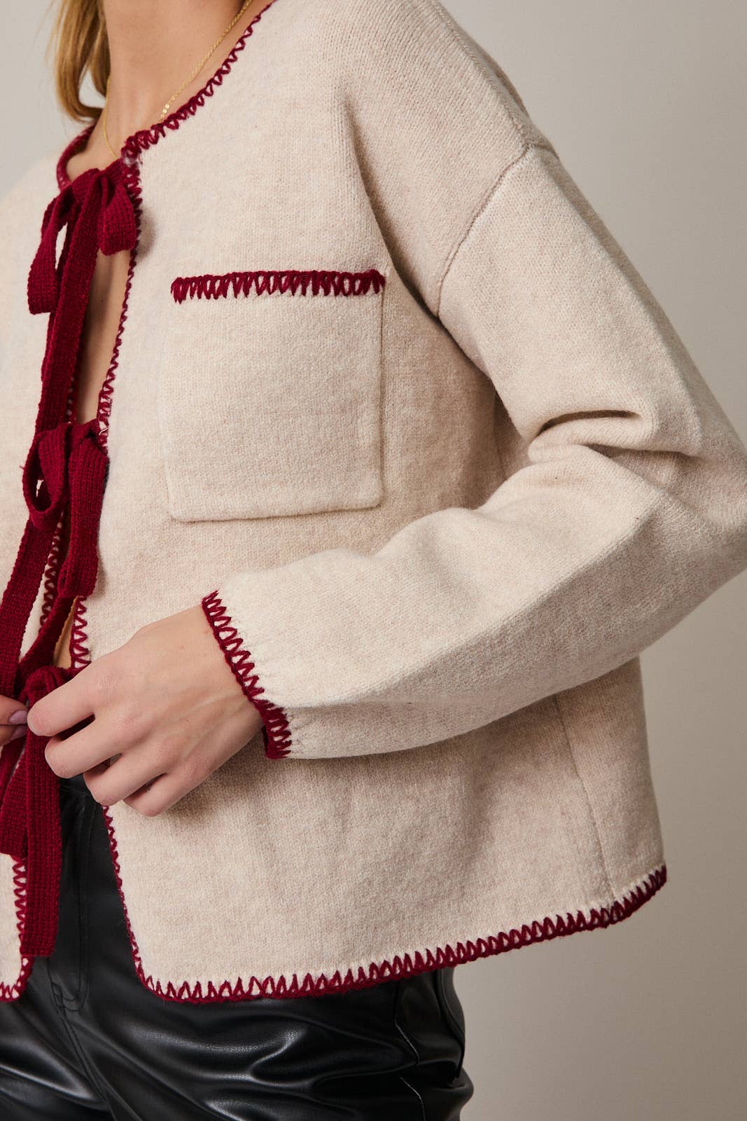 Front Tie Cream Burgundy Sweater - Purpose + Passion Boutique