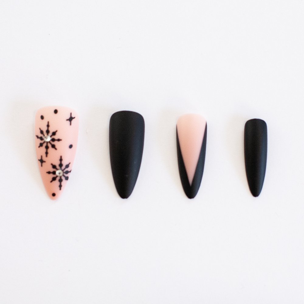 Frostbite | Matte Black Snowflake Stiletto Press - On Nails - Purpose + Passion Boutique