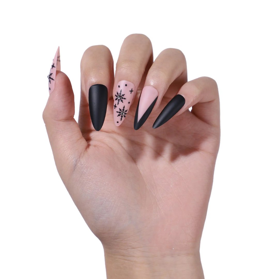 Frostbite | Matte Black Snowflake Stiletto Press - On Nails - Purpose + Passion Boutique