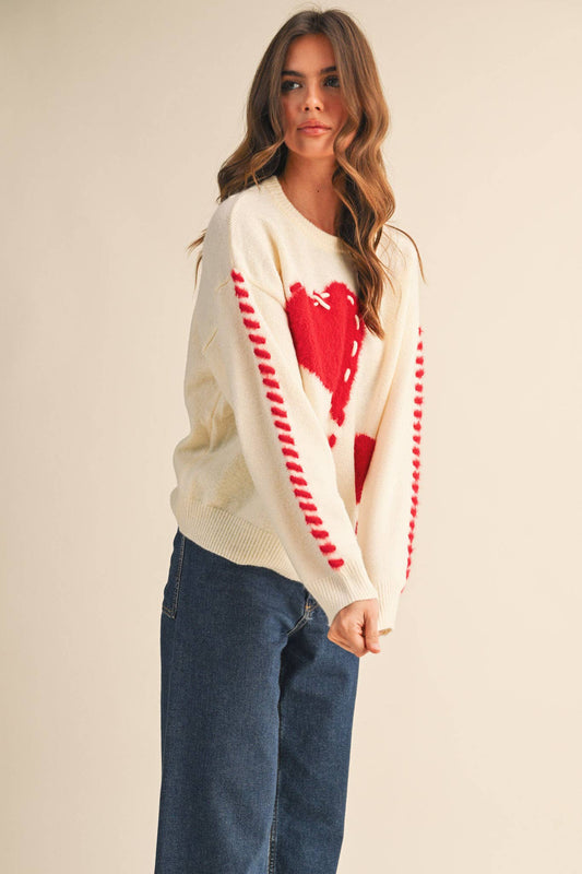 Fuzzy Ivory Heart Knit Sweater - Purpose + Passion Boutique
