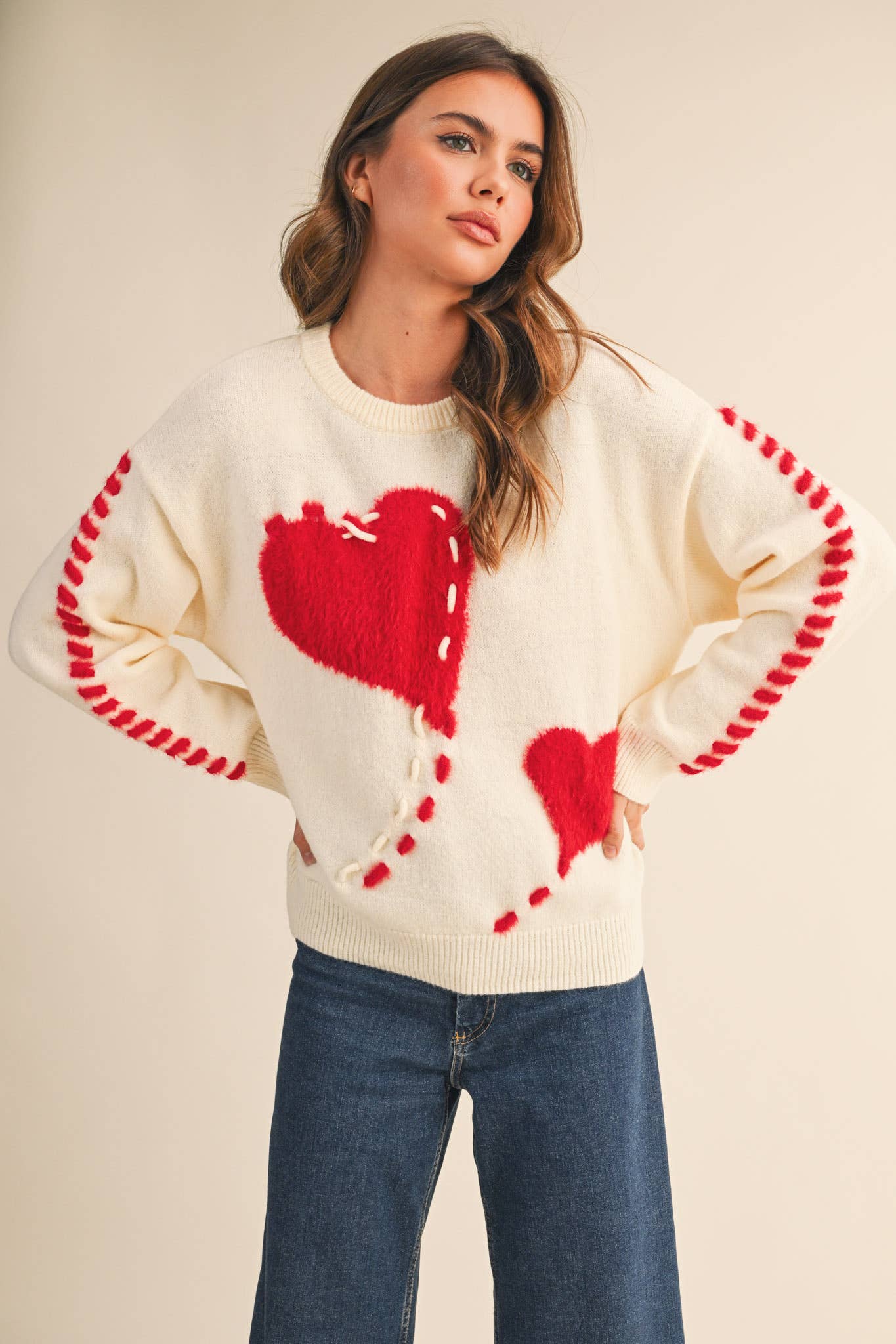 Fuzzy Ivory Heart Knit Sweater - Purpose + Passion Boutique