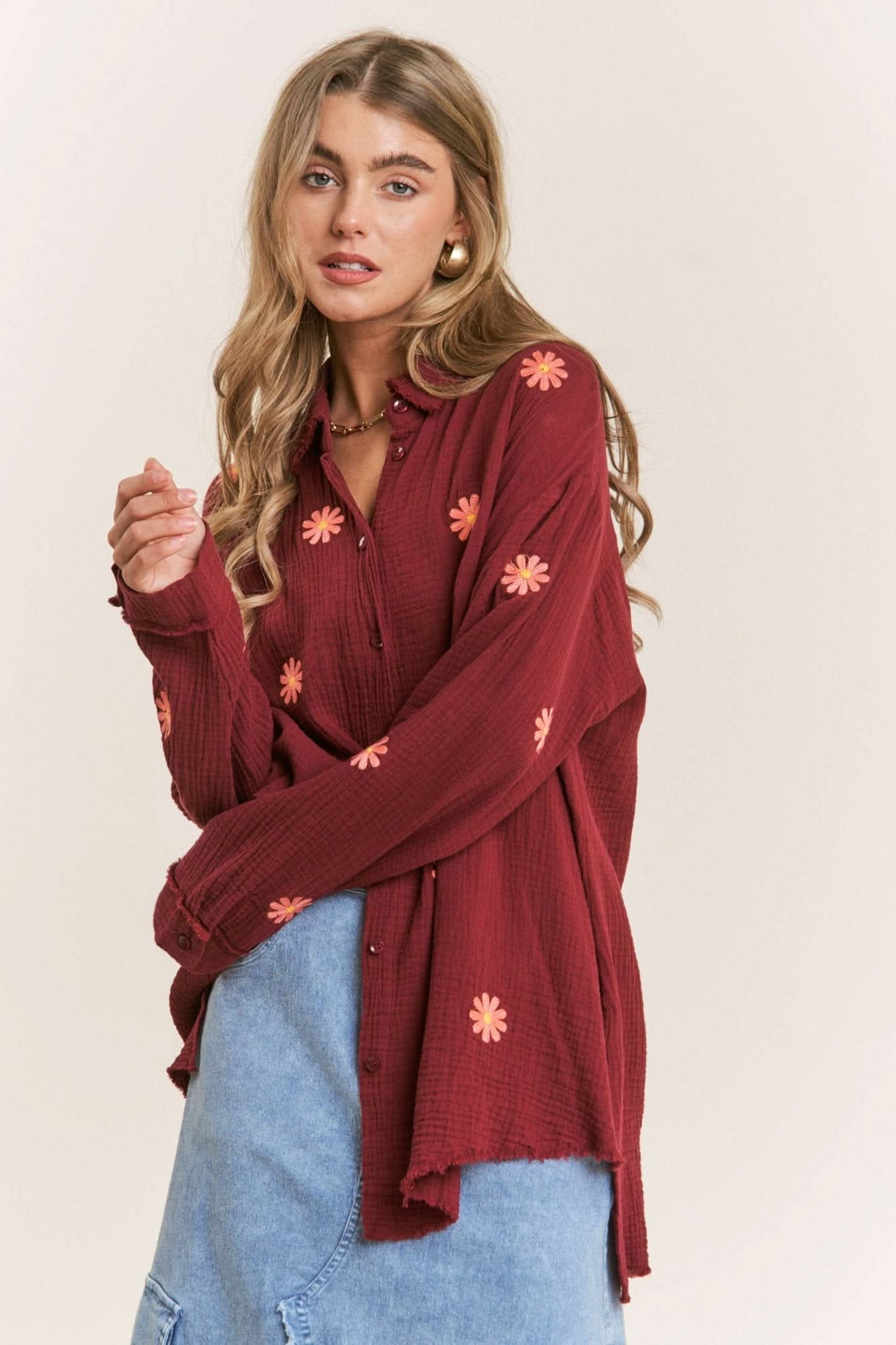 Gauze Daisy Embroidered Button Down Blouse - Purpose + Passion Boutique