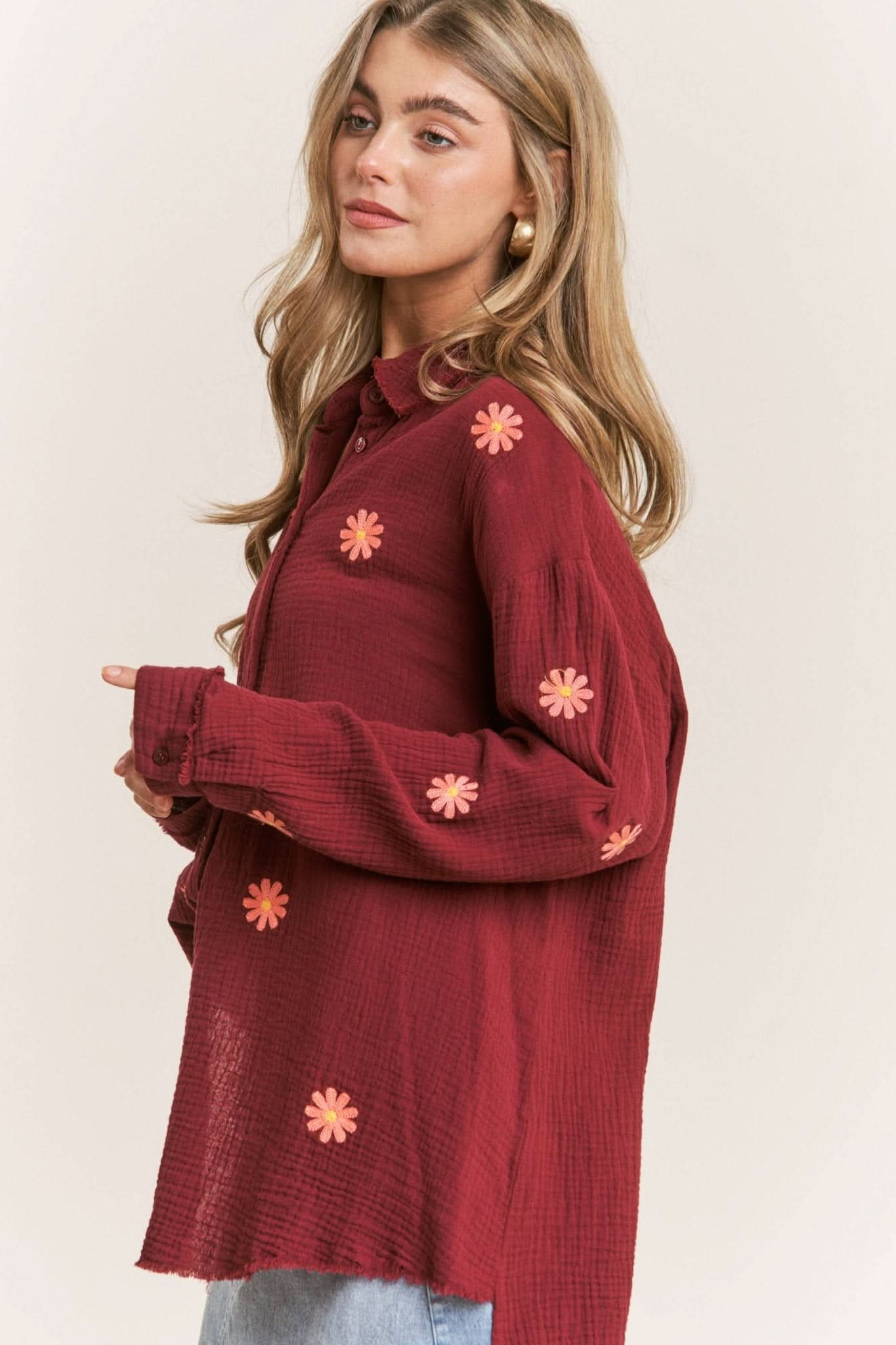 Gauze Daisy Embroidered Button Down Blouse - Purpose + Passion Boutique