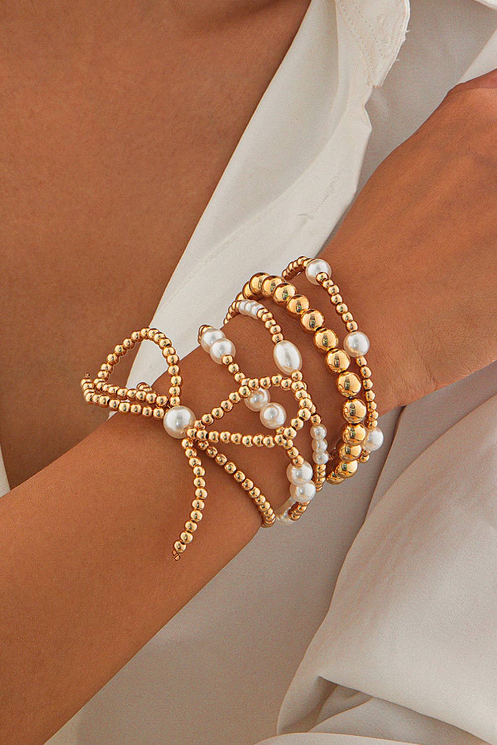 Gold Bow Knot Pearl Beaded Multi Layered Bracelet Set - Purpose + Passion Boutique