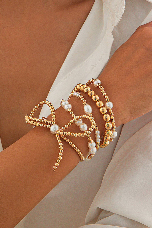 Gold Bow Knot Pearl Beaded Multi Layered Bracelet Set - Purpose + Passion Boutique