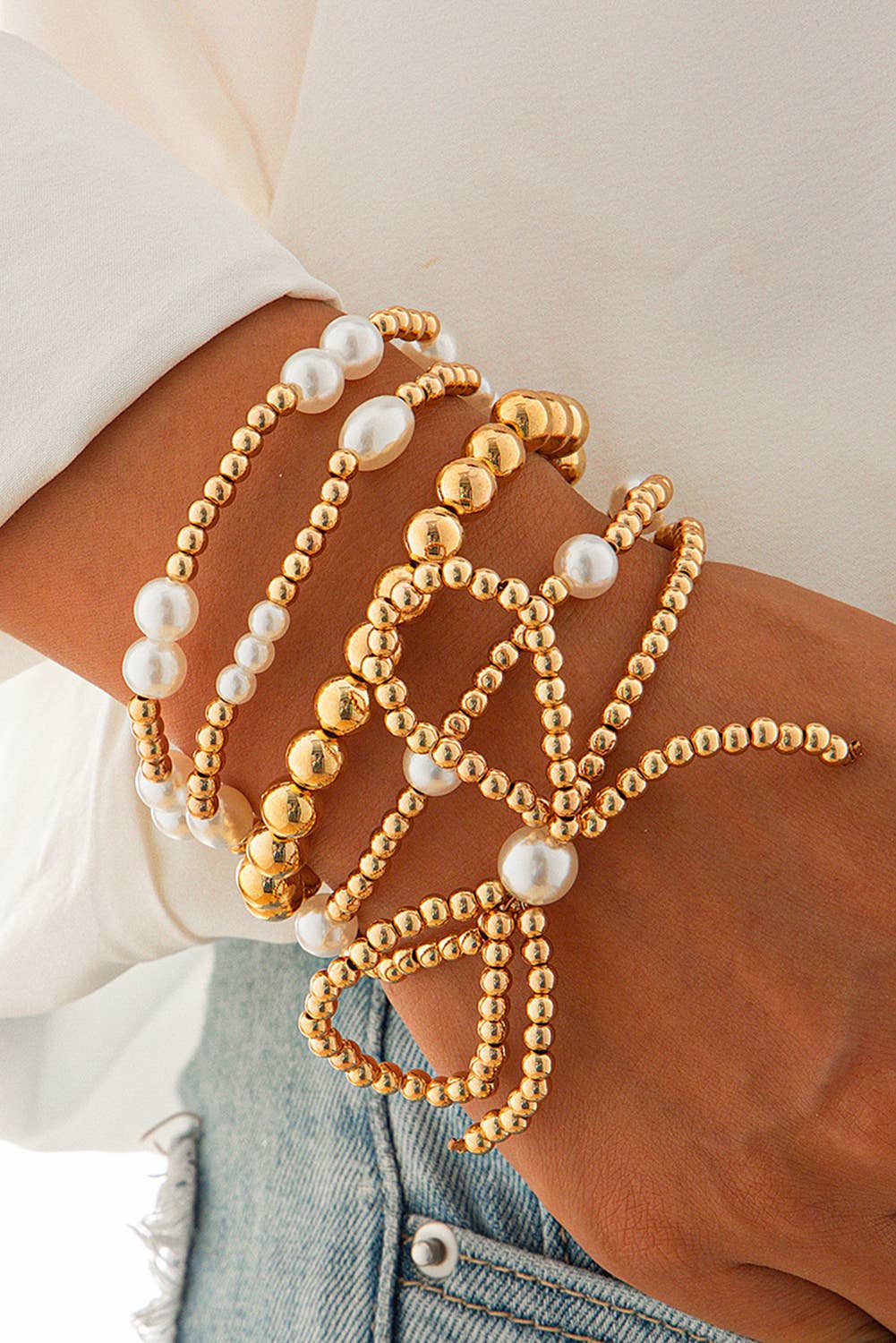 Gold Bow Knot Pearl Beaded Multi Layered Bracelet Set - Purpose + Passion Boutique