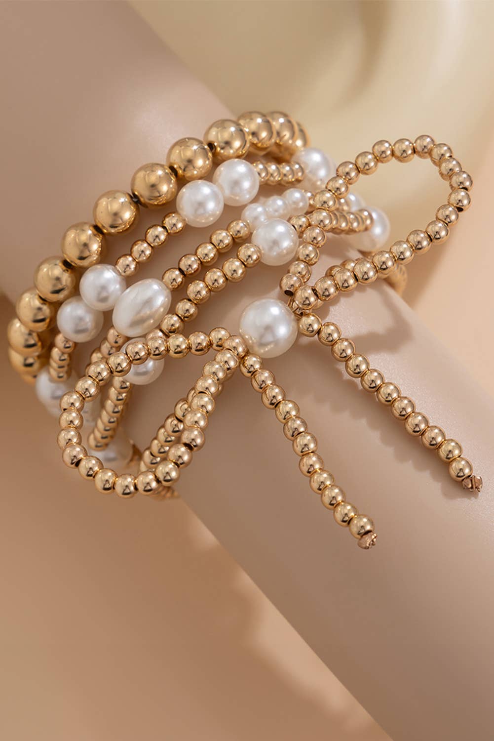 Gold Bow Knot Pearl Beaded Multi Layered Bracelet Set - Purpose + Passion Boutique