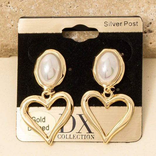 Gold Dipped Oval Pearl And Heart Dangle Earrings - Purpose + Passion Boutique