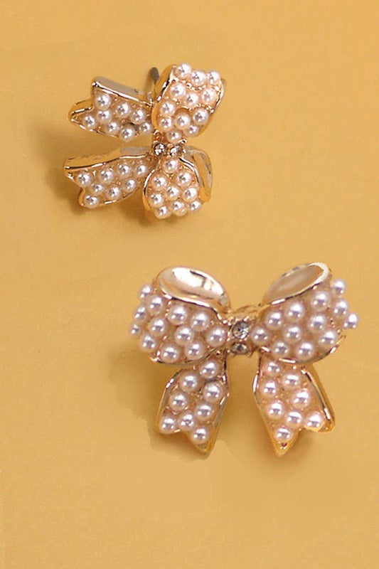 Gold Mini Pearl Bow Ribbon Earrings - Purpose + Passion Boutique