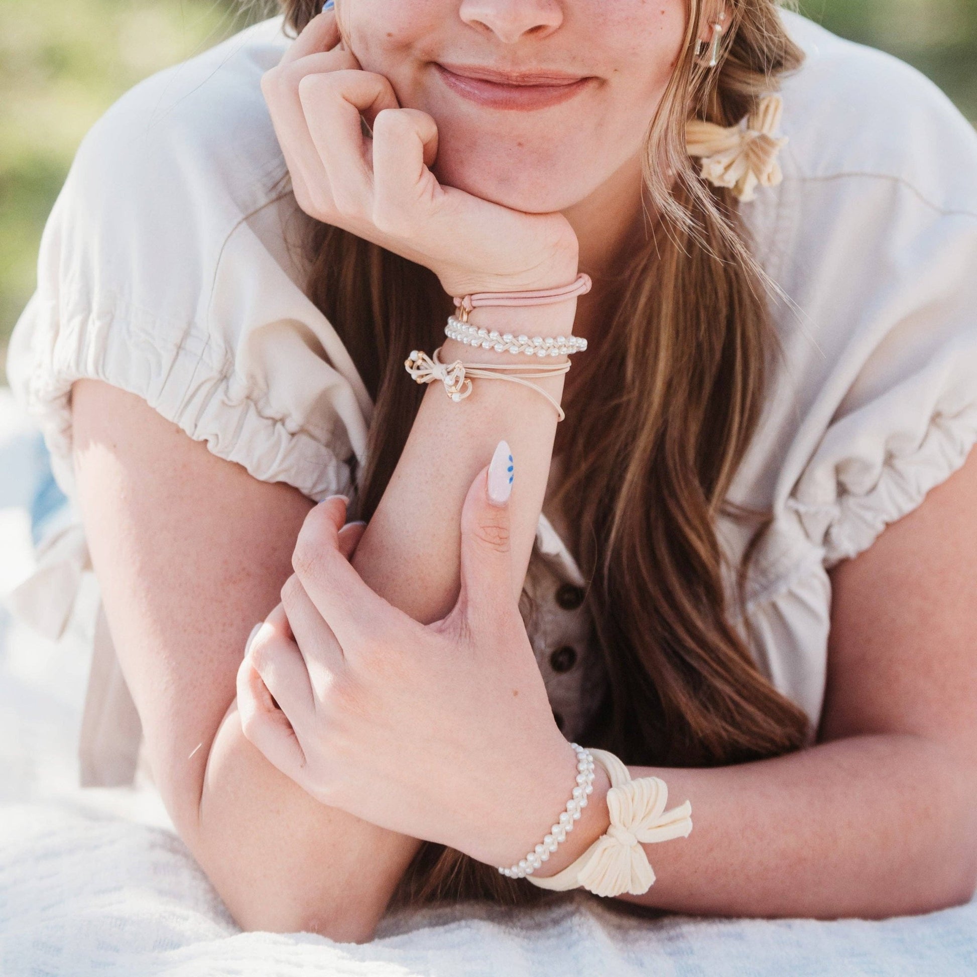 "Grace" - Pearls, Gold and Bows Hair Tie Bracelets - Purpose + Passion Boutique