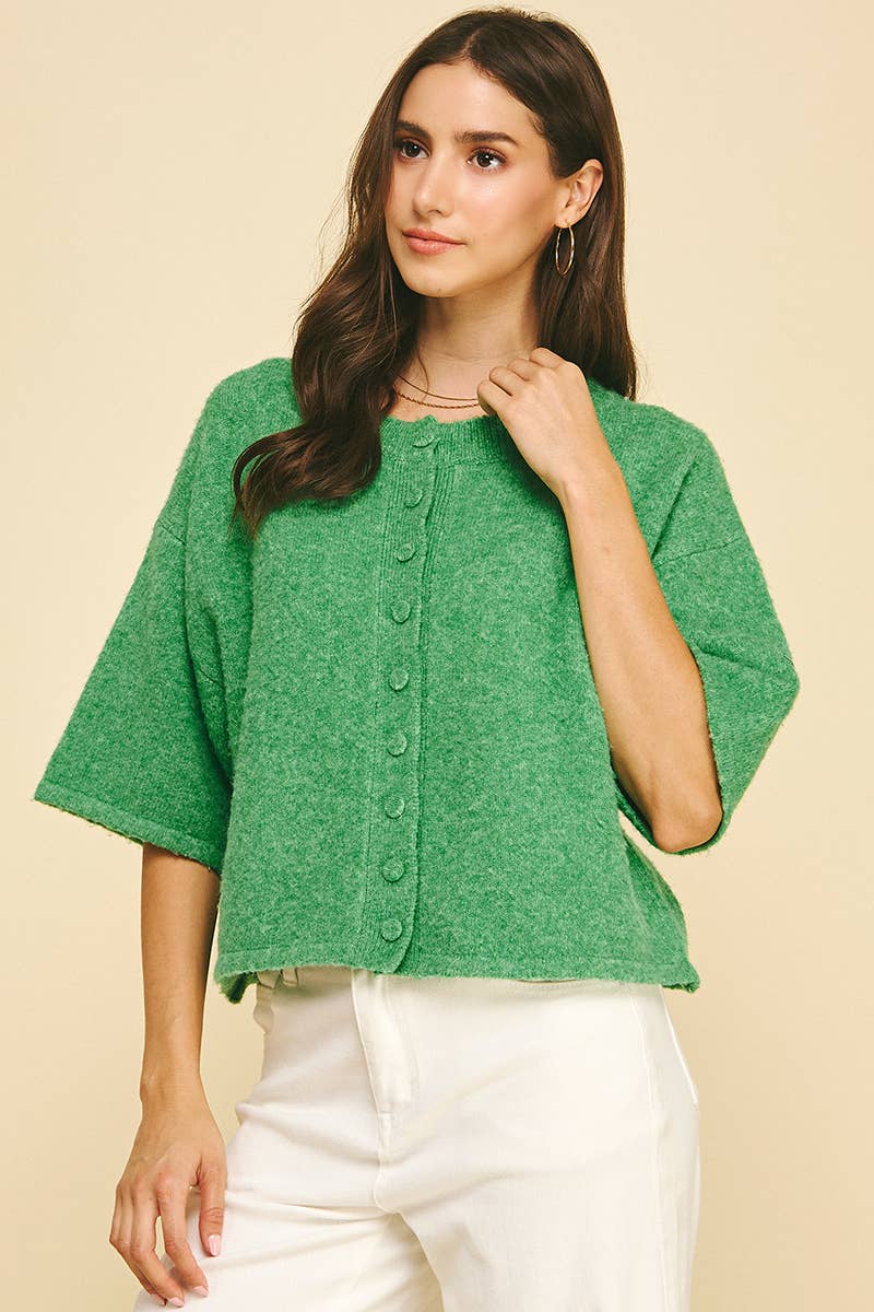 Green Button Down Short Sleeve Sweater - Purpose + Passion Boutique