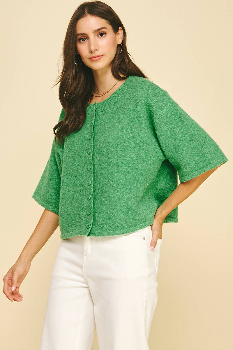 Green Button Down Short Sleeve Sweater - Purpose + Passion Boutique