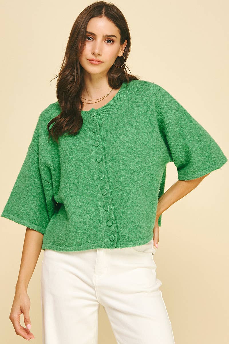 Green Button Down Short Sleeve Sweater - Purpose + Passion Boutique