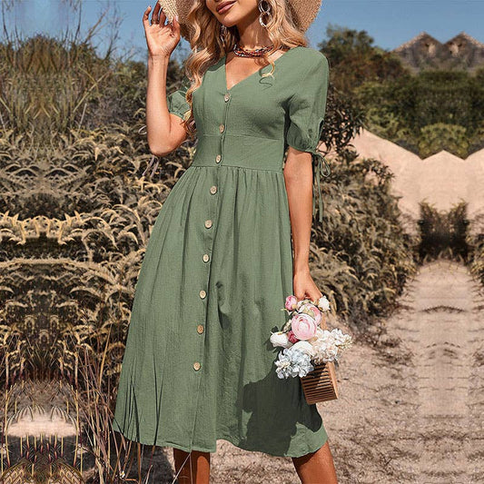Green Button - Down V - Neck Dress - Purpose + Passion Boutique