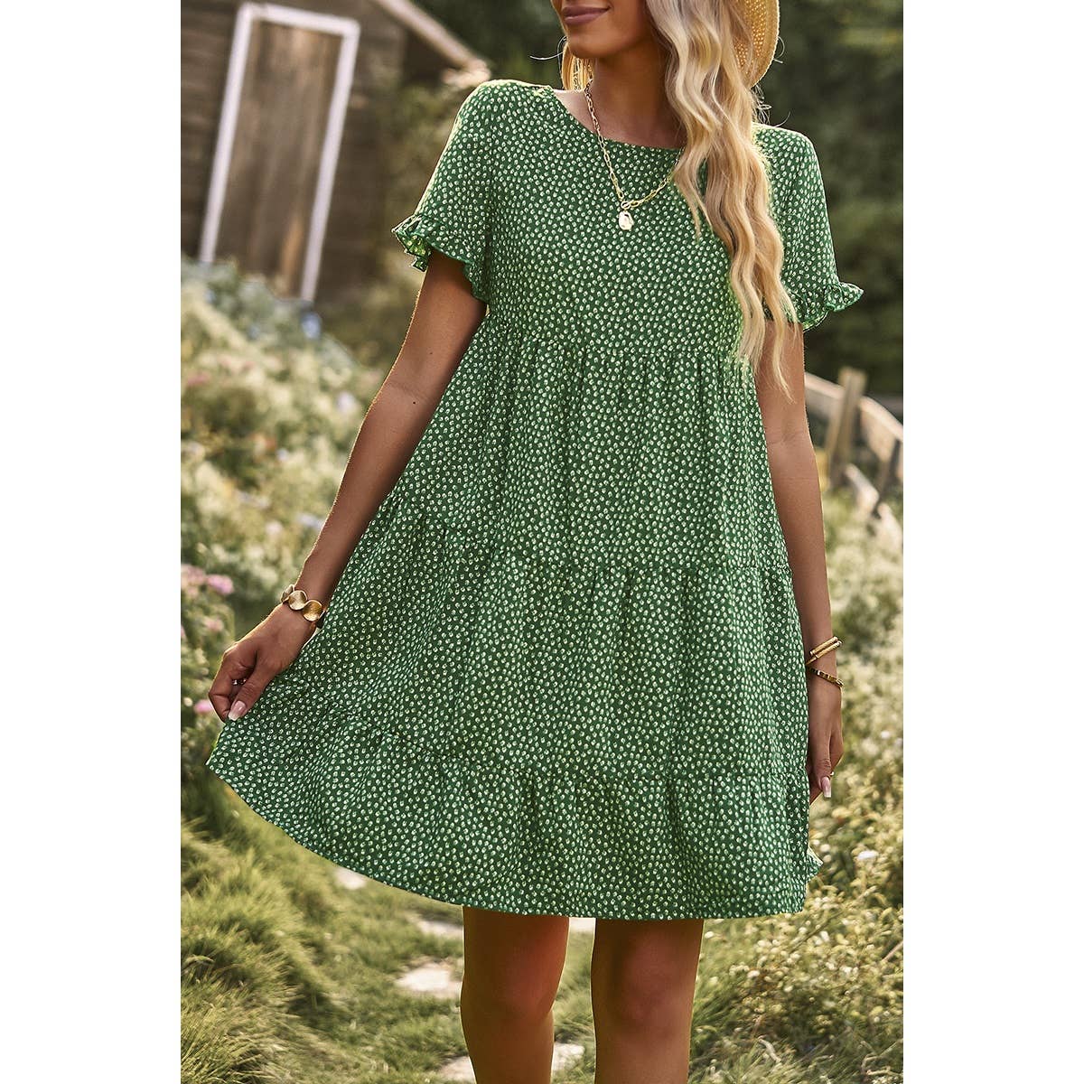 Green Floral Polka Dots Boat Neck Midi Dress - Purpose + Passion Boutique