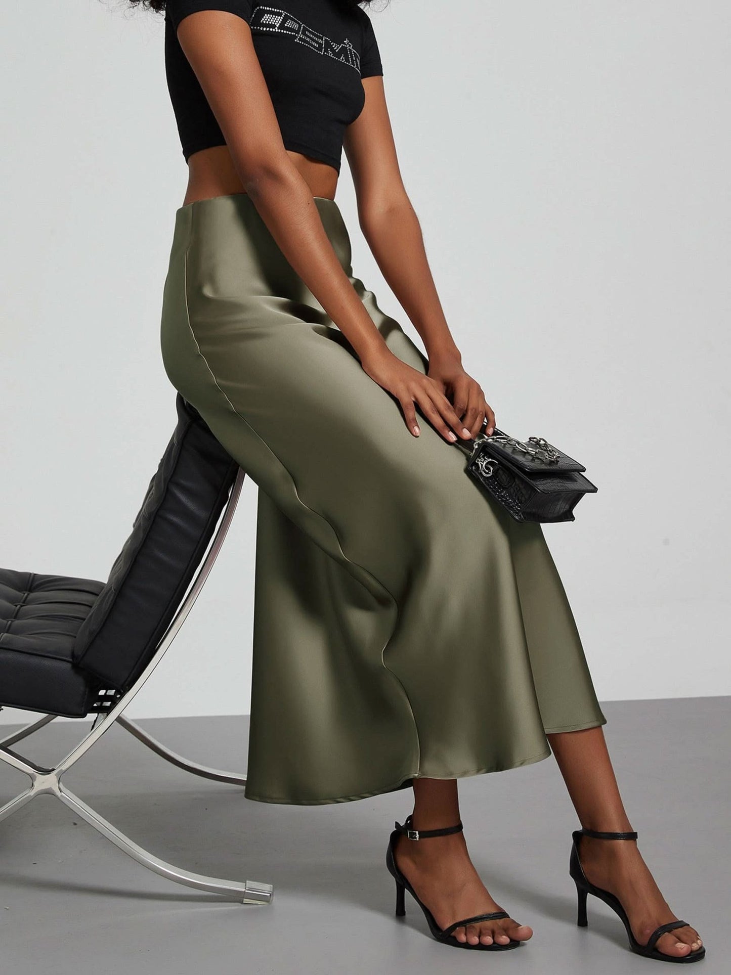 Green Glossy Mid Length Skirt - Purpose + Passion Boutique