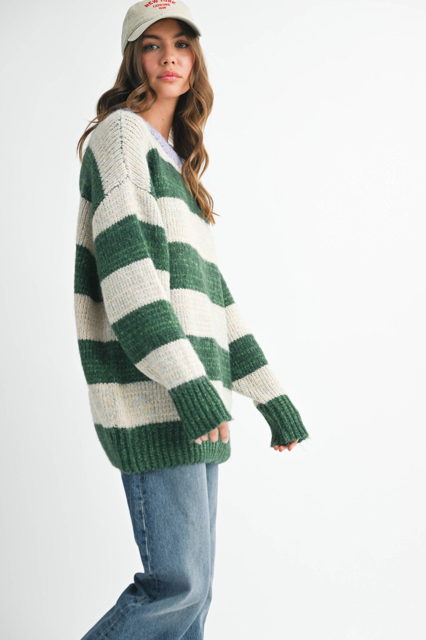 Green Oversized Striped Sweater - Purpose + Passion Boutique