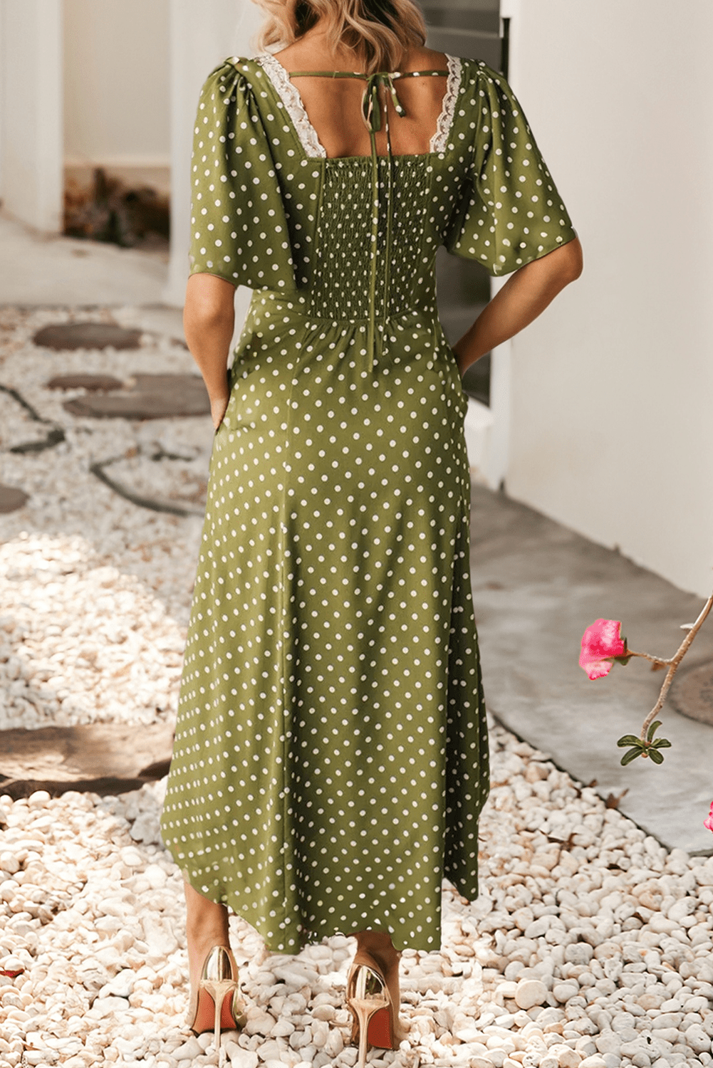 Green Polka Dot Lacy Neckline Smocked High Waist Maxi Dress - Purpose + Passion Boutique