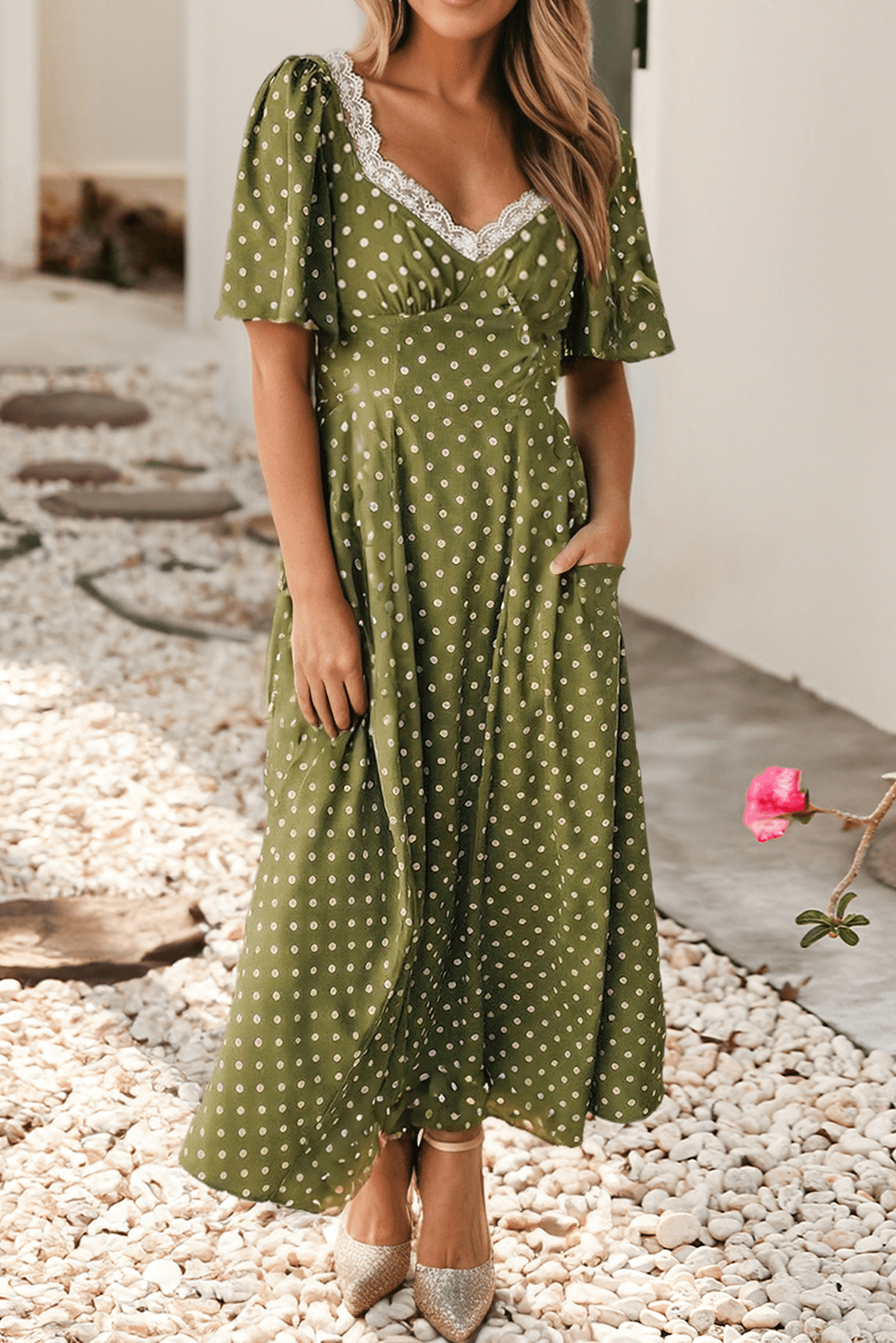 Green Polka Dot Lacy Neckline Smocked High Waist Maxi Dress - Purpose + Passion Boutique