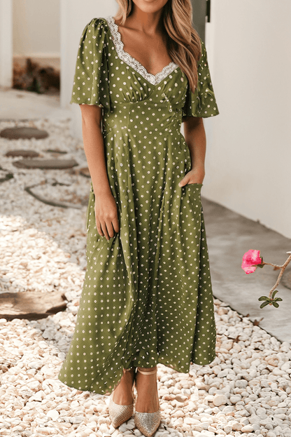 Green Polka Dot Lacy Neckline Smocked High Waist Maxi Dress - Purpose + Passion Boutique